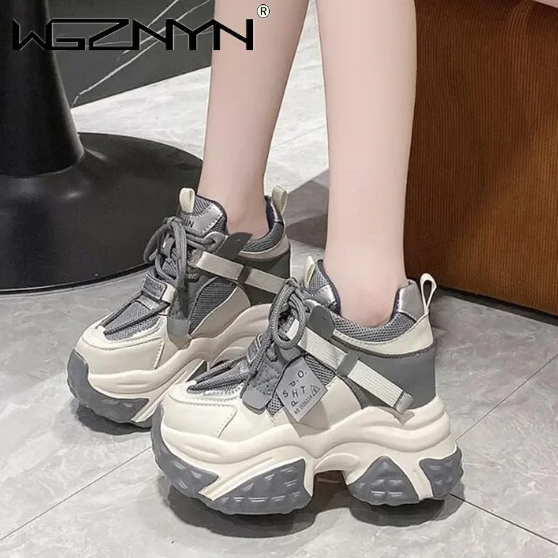 

Brand 10CM Heels Women Chunky Leather Sneakers High Top Platform Sport Shoe Autumn Spring Casual Fashion Vulcanized Shoes Woman
