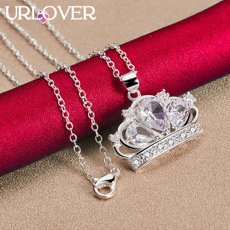 URLOVER 925 Sterling Silver Necklace For Woman Crown Zircon Crystal Pendant Necklaces Fashion Party Wedding Birthday Jewelry