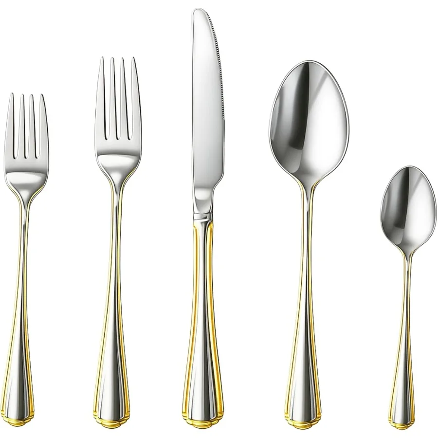 

20 Piece Flatware Set Gold Trim Handles Stainless Steel 18 10 Silverware Complete Cutlery Set for 4 Home Essentials Kitchen and