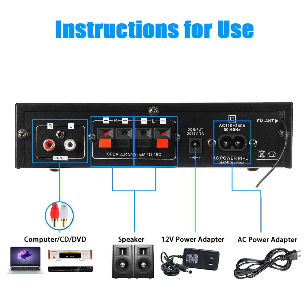 AK35 مضخم صوت ستيريو HiFi متوافق مع بلوتوث مع USB TF RCA AUX In + جهاز تحكم عن بعد