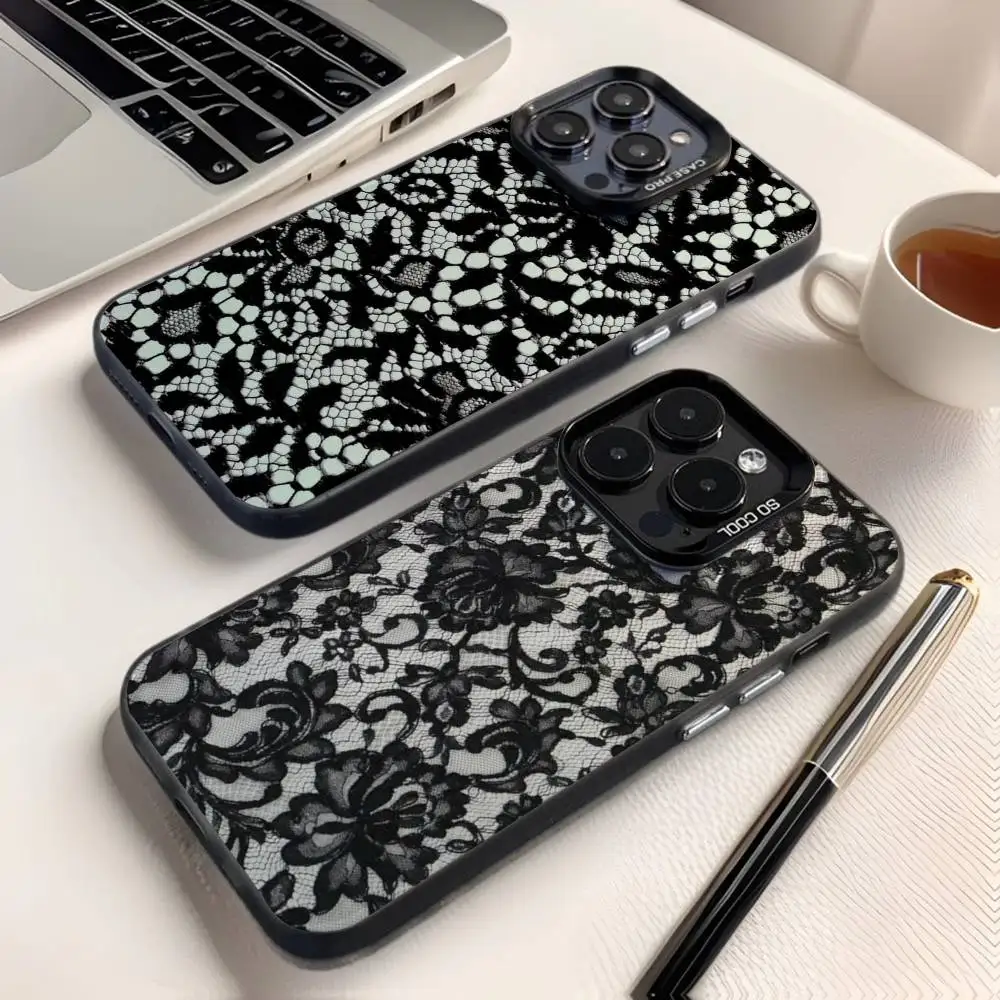 

Vintage Lace Phone Case For iPhone 16,15,14,13,12,11,8,7,Pro,Max,Plus,Mini,XS,SE Anti Fall Black Matte Hard