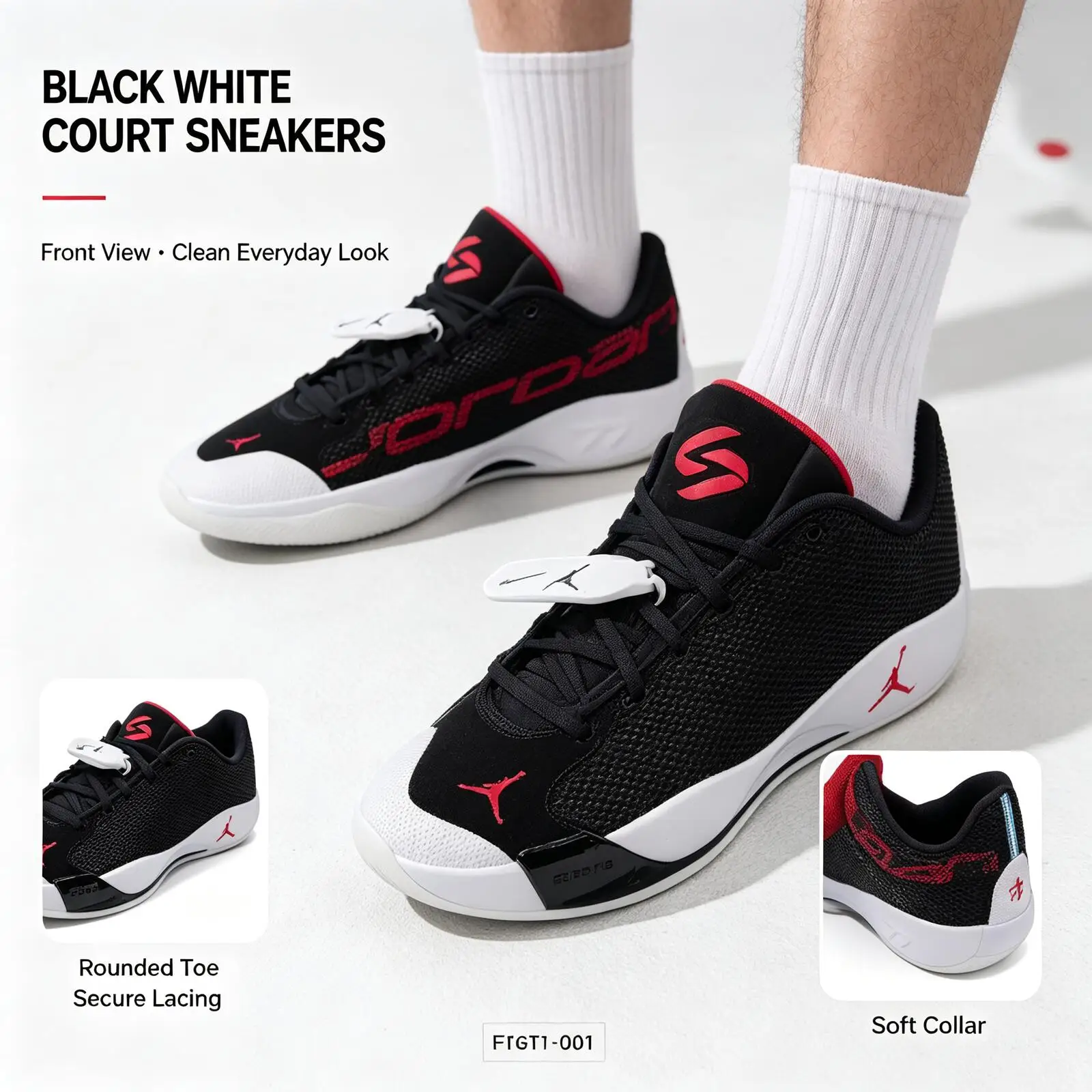 Nike Brandname Black White Red Court Sneakers Bold Contrast Low-Top Sports Shoes Smooth Upper Cushioned Non-Slip Casual Sneakers - view 5