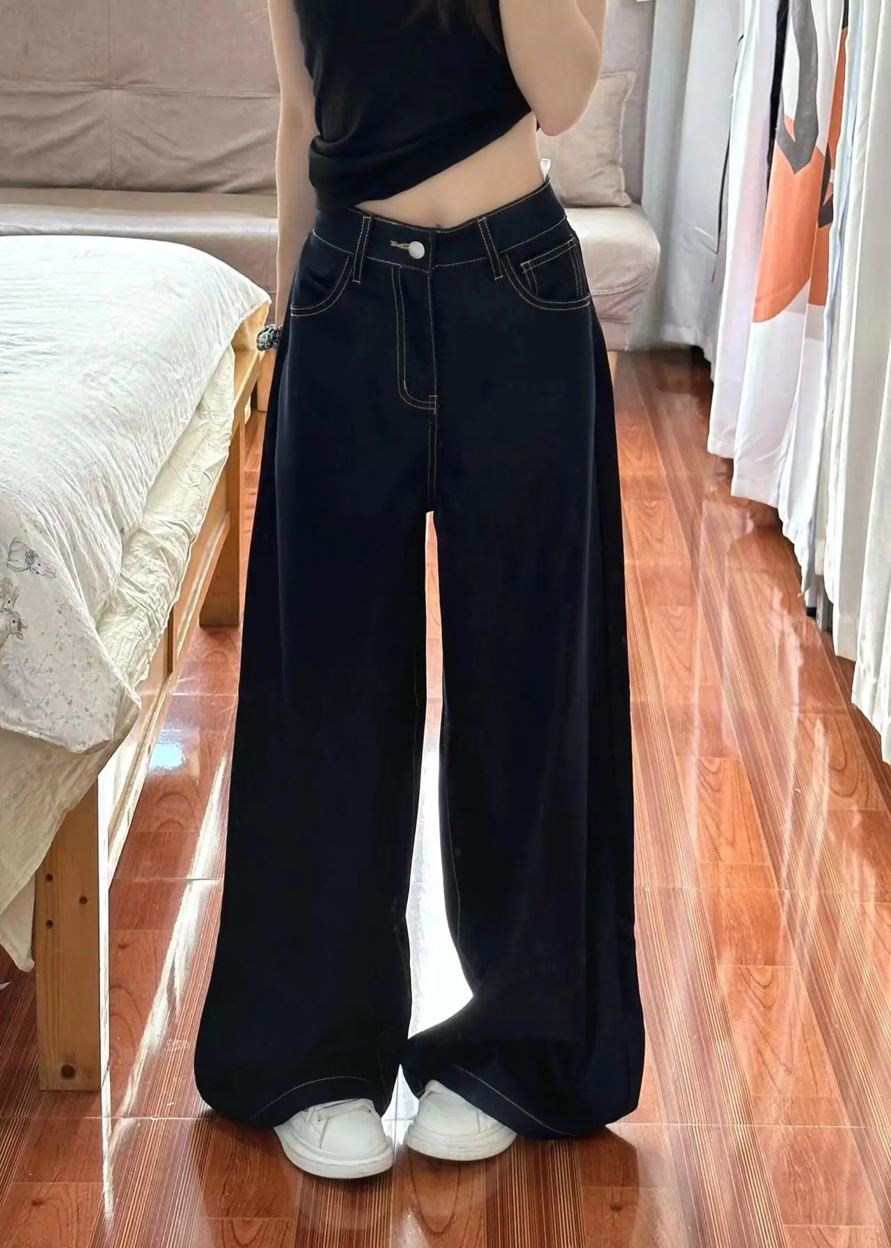 

Deep Blue Wide Leg Jeans Women's Spring Summer Loose Fit Slimming Straight Long Pants High Waist Thin Material Versatile