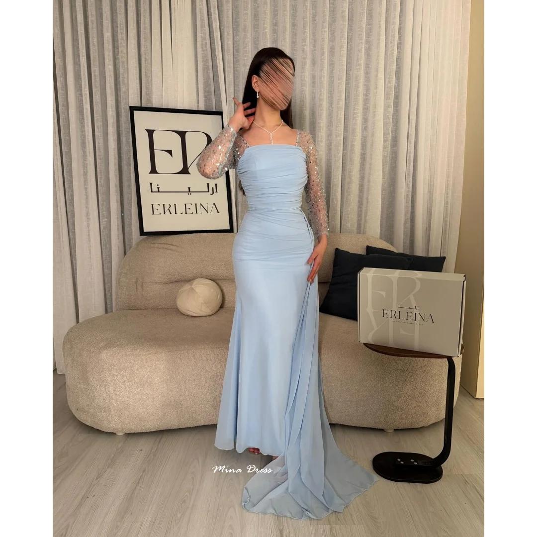 

Mina Customized Blue Evening Dress Luxury Elegant Party Dress Sequins. Long Sleeves Luxurious Women's Evening Dresses Woman Prom