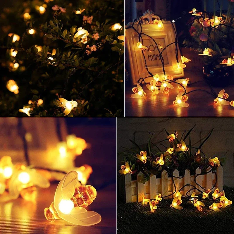 Solar Bee String Lights Outdoor Fairy Light Chritmas Garland 8 Modes Waterproof Patio Light for Garden Party Decor