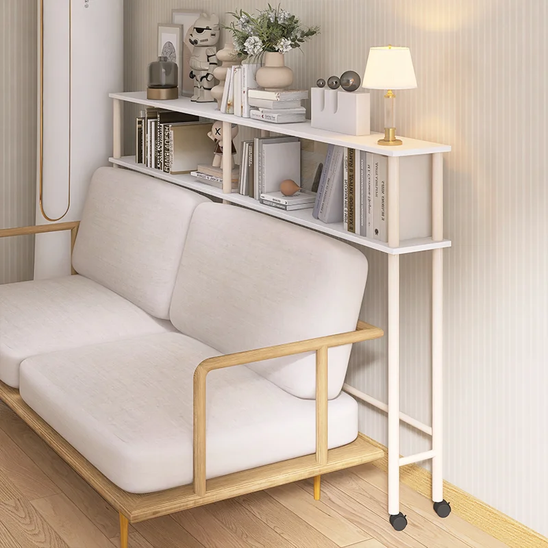 

7T sofa rear shelf against wall, ultra-narrow bookshelf, narrow gap by bed, table at end of the bed