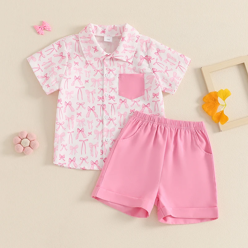 Children s Boys Valentine s Day Attire with Bow Print Turn Down Collar Short Sleeve Shirt and Elastic Waist Shorts - 2 Piece