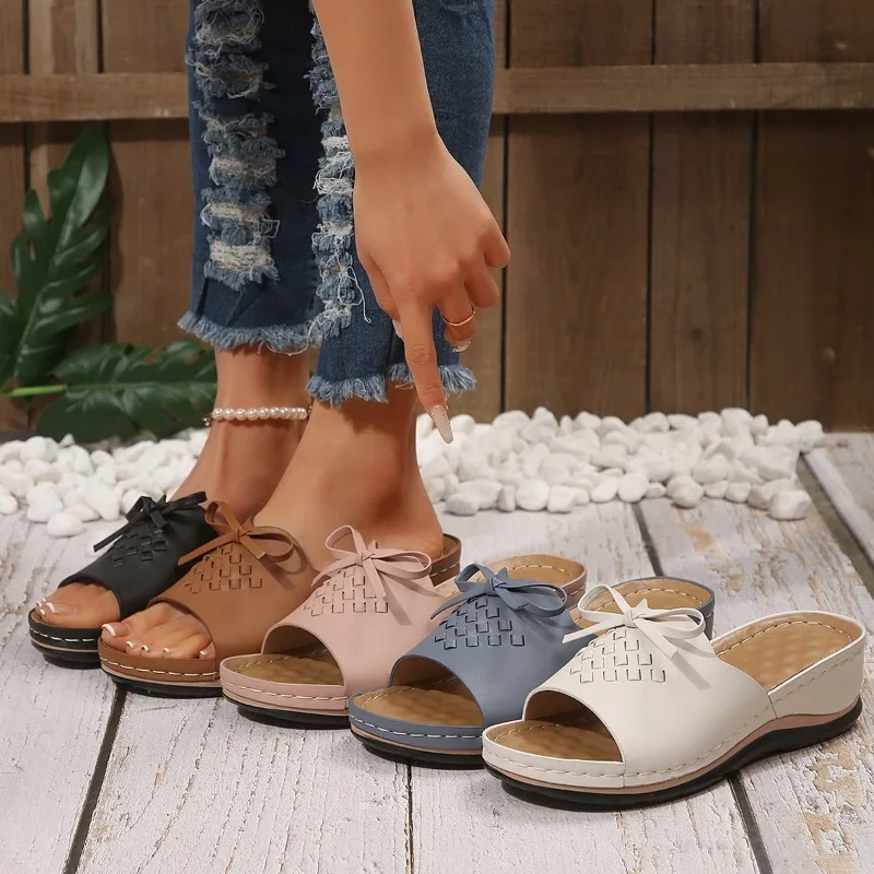 

2025 New Summer Slope Heel Fish Mouth Slippers Women's Shoes Casual Large Coarse Heel Slippers Bow Solid Color