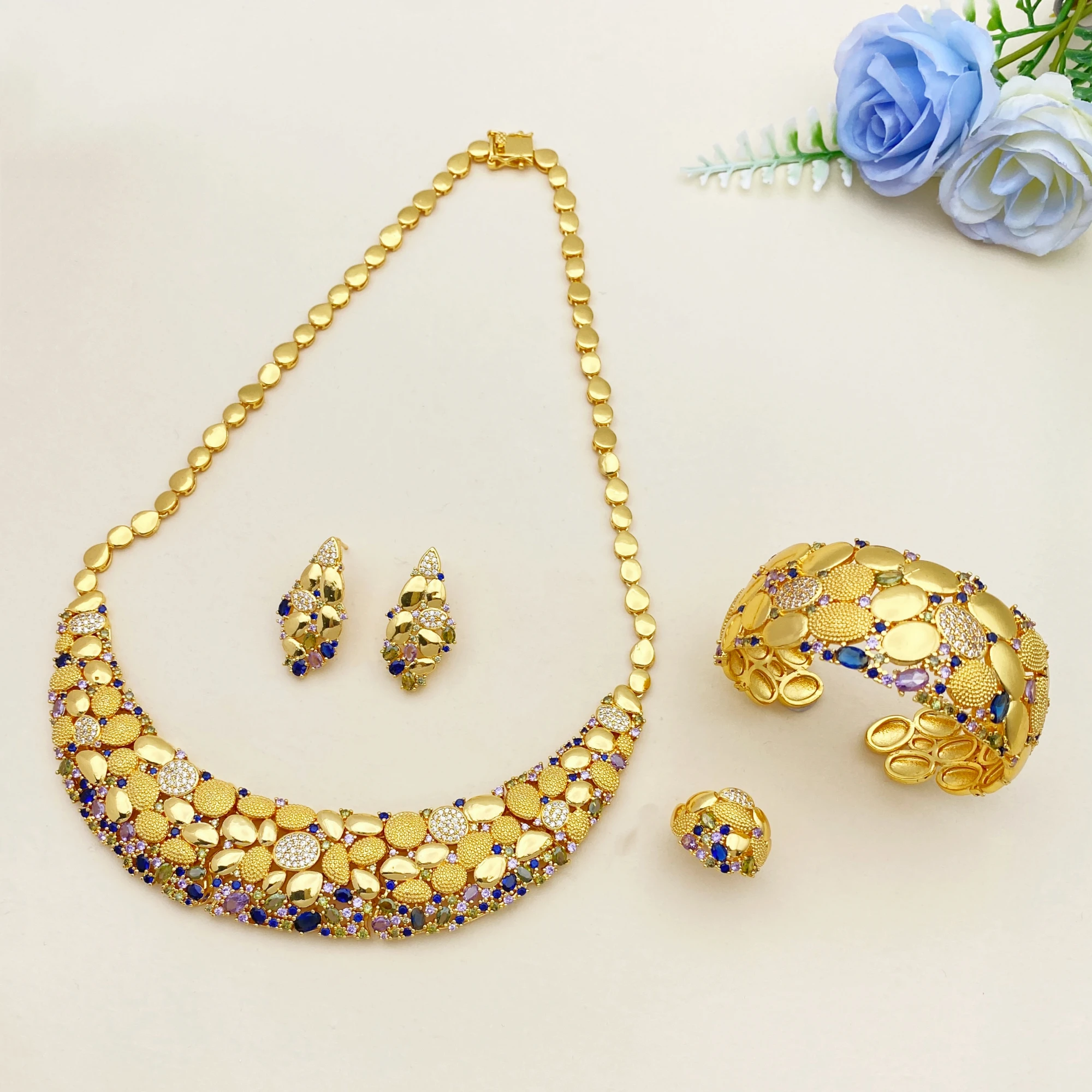 

JRH Ближний Восточный стиль, 4 шт., циркониевое кубическое ожерелье, серьги, кольцо, браслет, комплект, повседневные вечерние позолоченные женские украшения, роскошный подарок