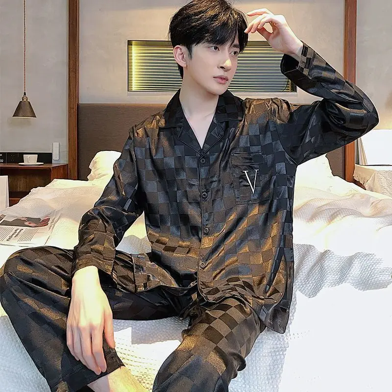 Ice Injpyjamas-Ensemble de vêtements de nuit à manches longues pour hommes, vêtements de détente fins, vêtements d'intérieur à col en V, grande taille, printemps et automne, nouveau