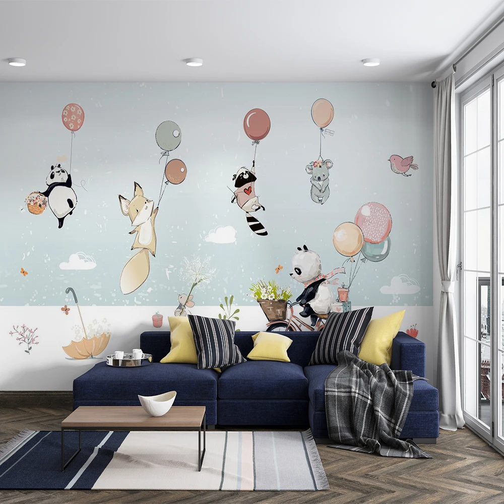 Customized 3D hand drawn cartoon animal balloon background wall mural wallpaper