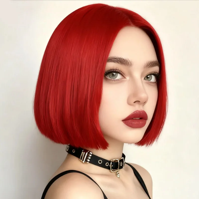 

Красный 12-дюймовый женский прямой синтетический высокотемпературный волокно модный многофункциональный повседневный парик для вечеринок