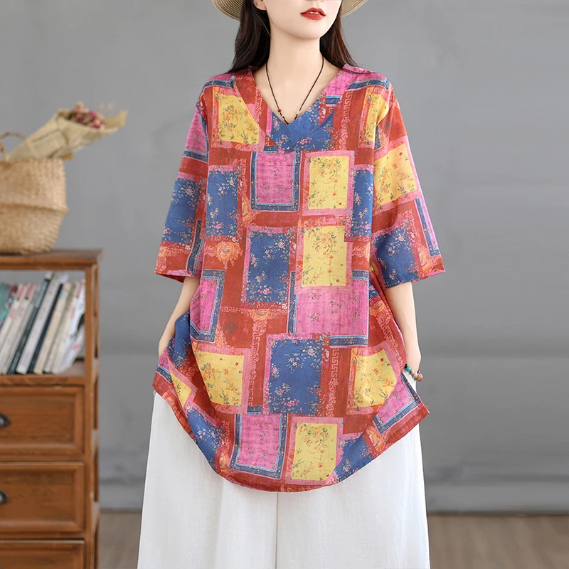 Lässiges Baumwoll-Leinen-Print – Casual Loose Linen Shirt Dress Bewertung und Preis