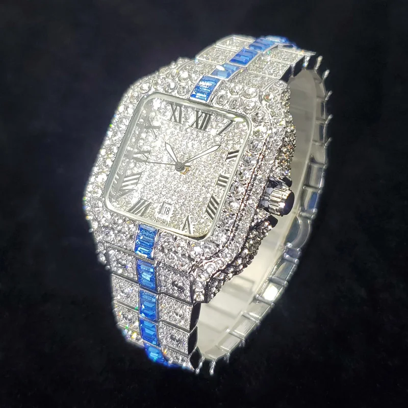 

New Fashion Diamond Watches Men Iced Out Bling Bling Quartz Wristwatch Hip Hop Stainless Steel Luminous Date Clock Gift For Man