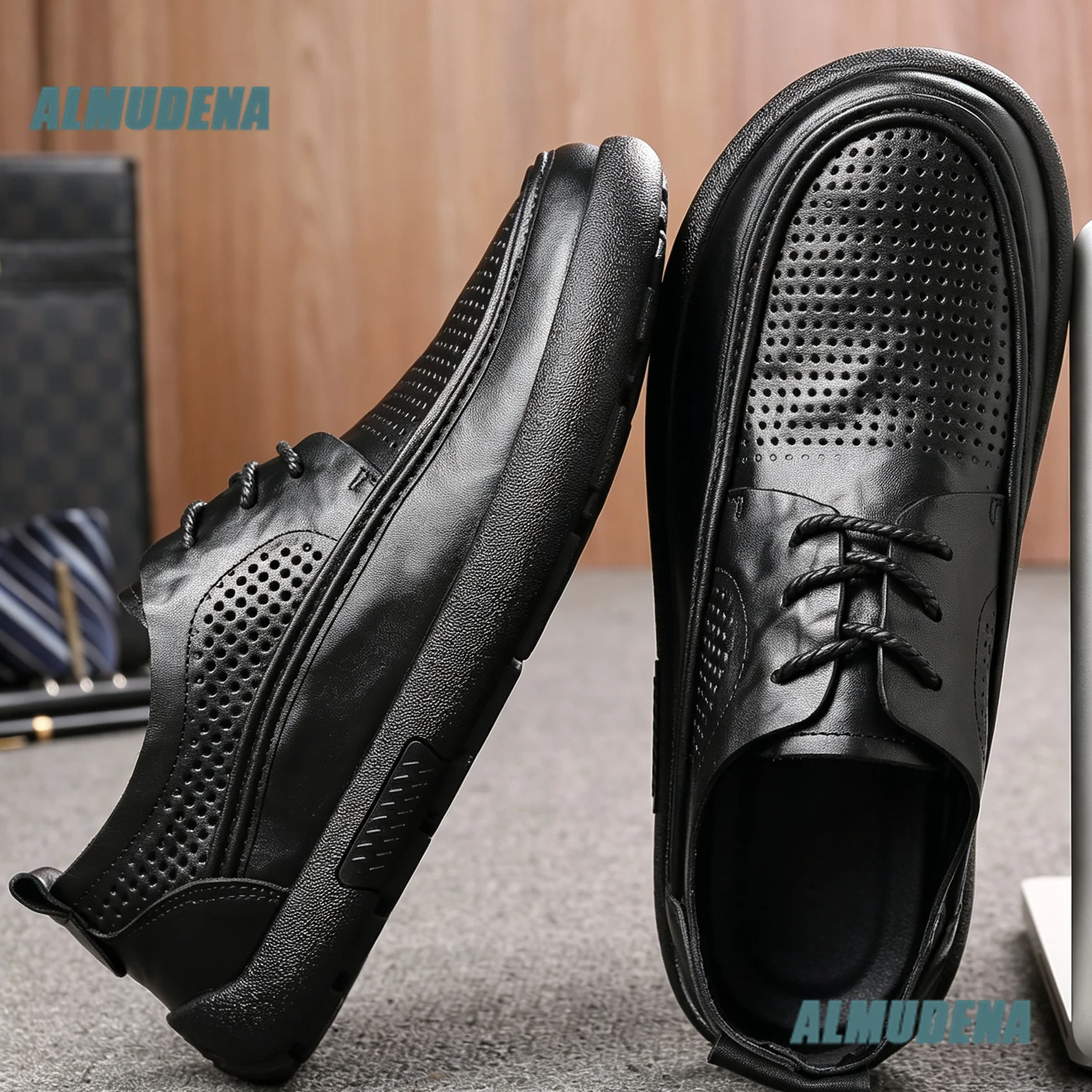 Men's Lace-Up Black Leather Casual Shoes Perforated Hollow Breathable Summer Dress Shoes Thick Soft Rubber Sole Walking Shoes