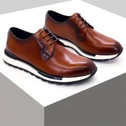 Men's Genuine Leather Shoes Anti-Slip Casual Sneakers Glossy Breathable Lace-Up Men's Wedding High-end Wedding Men's Shoes