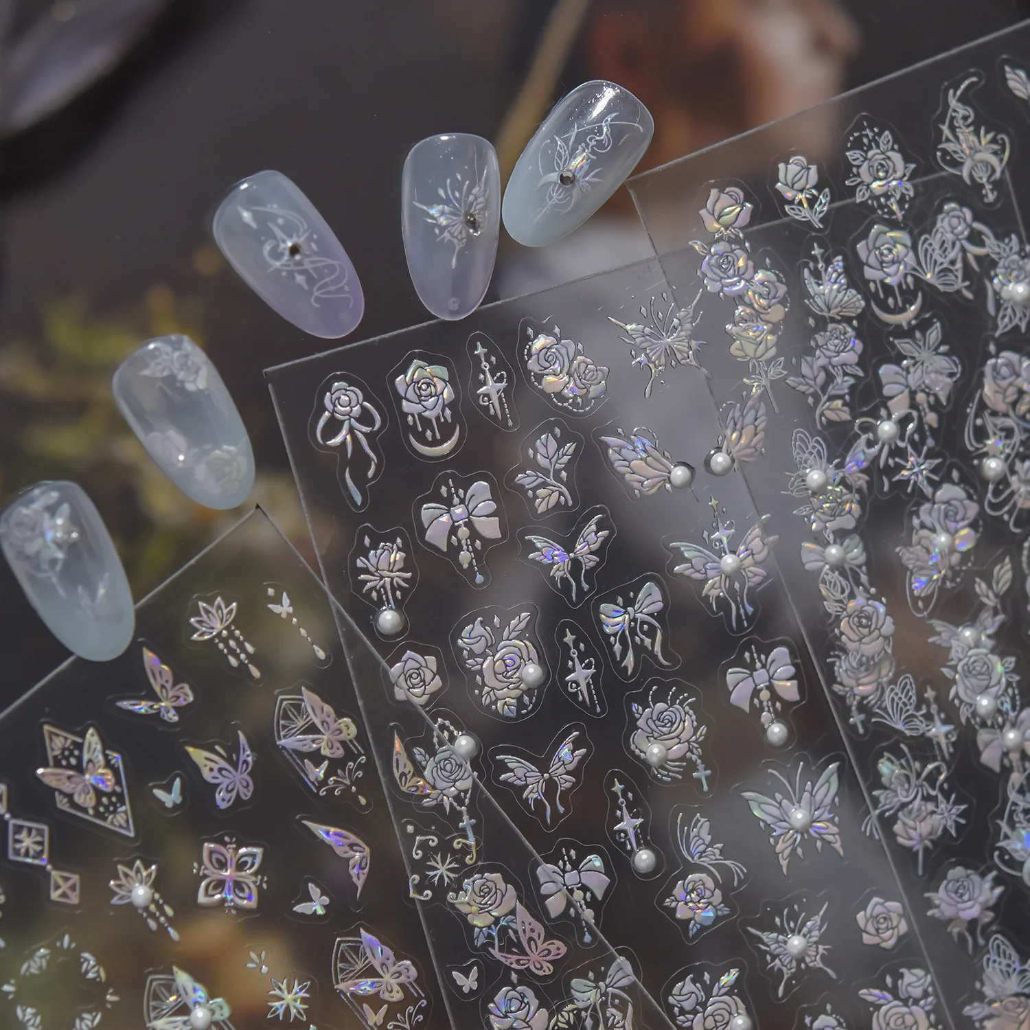 Crystal Diamond Nail Art Stickers Prachtige vlinder Rose Bloemen Nail Charms Stickers DIY 5D zelfklevende schuifregelaar voor nagels