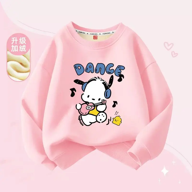 Sanrio Children Hoodie Girls Kawaii Anime Pochacco Cotton Tops Winter Sweet Cute Cartoon Print Plus Velvet Clothes Gift for Kids