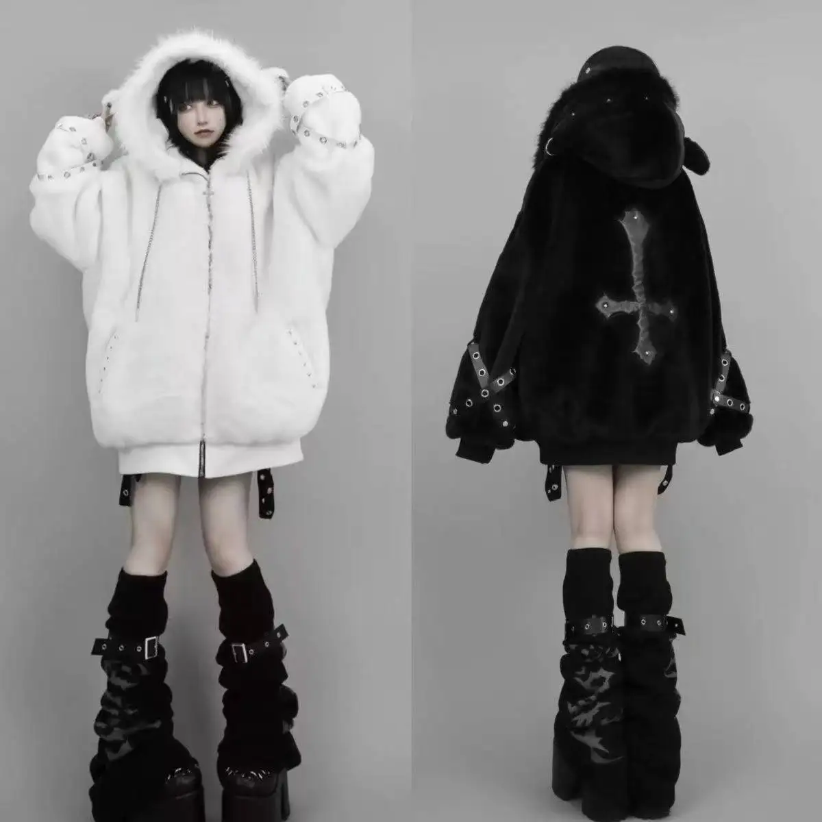 Herbst Winter Oversize Warmer Kunstpelzmantel Damen Kapuze Harajuku Punk Mode Flauschige Jacke Streetwear 2026 Subkultur Streetwear
