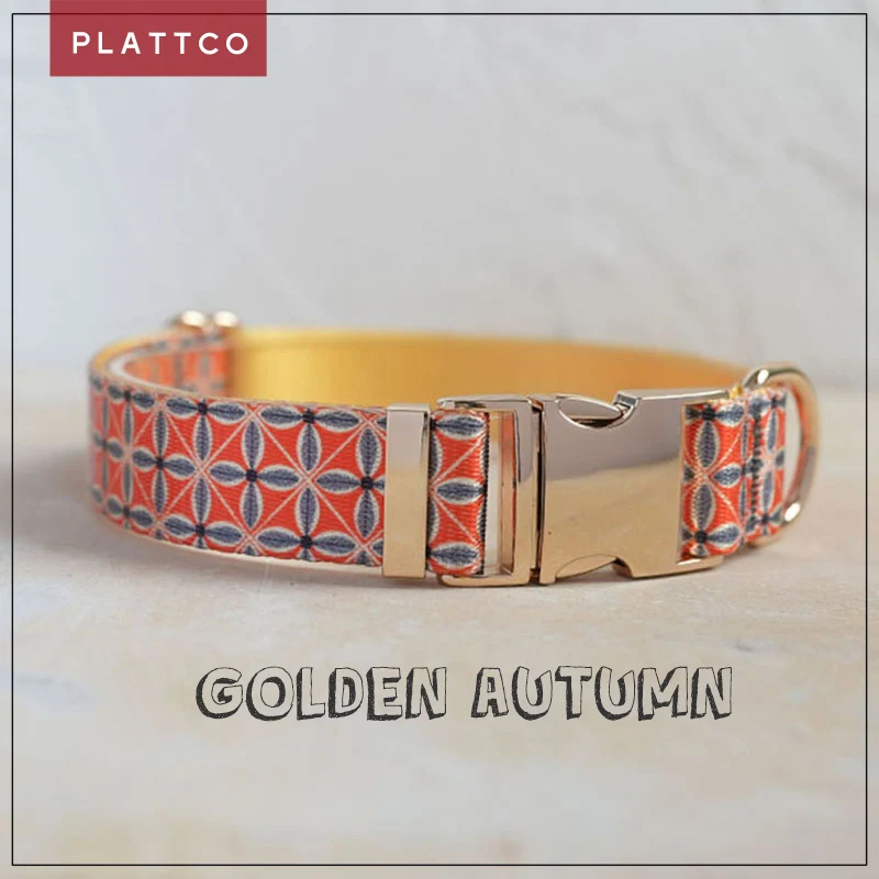 PLATTCO unique design dog collar print GOLDEN AUTUMN pattern with high quality light color zinc alloy buckle 5 size PDC304G