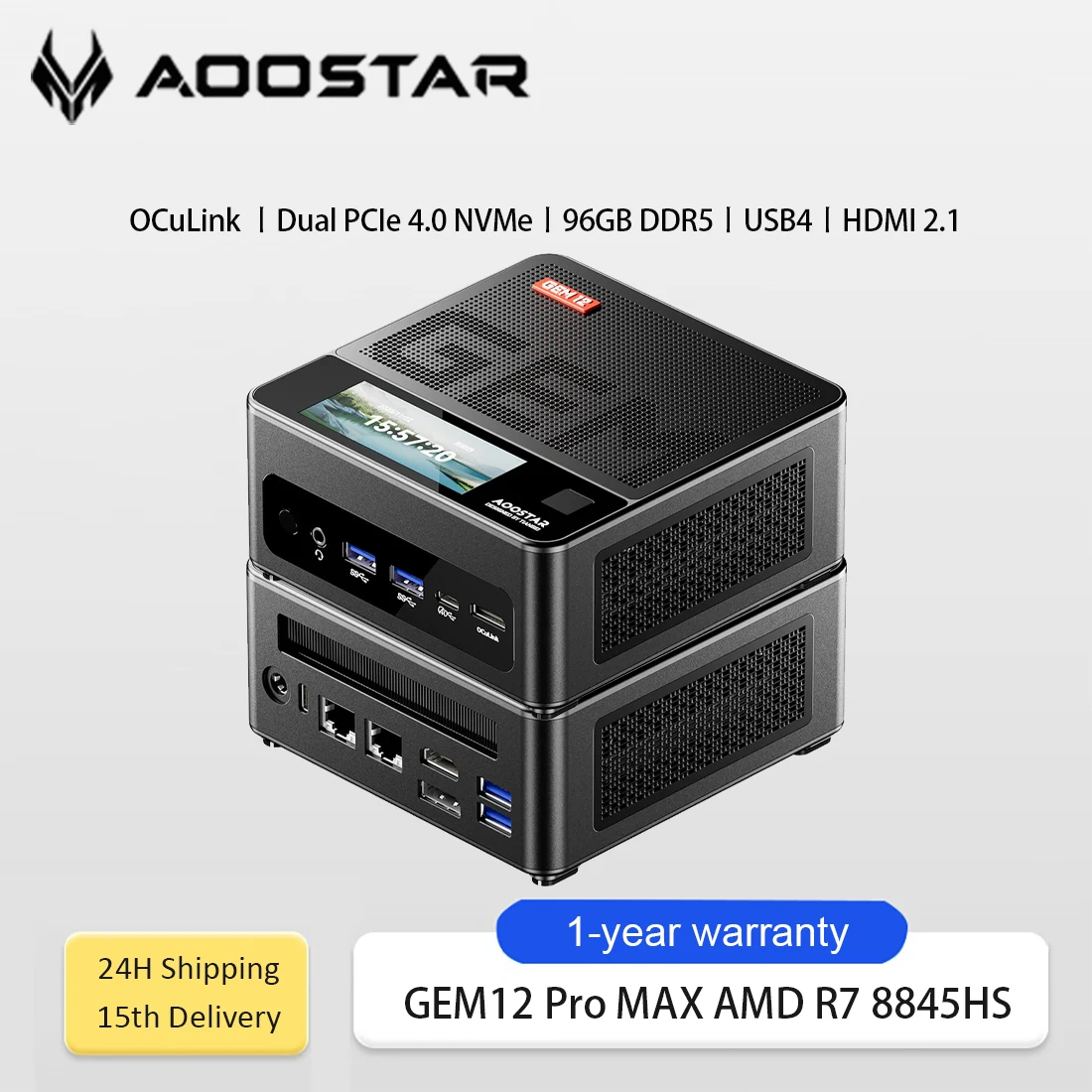 아우스타 GEM12 미니 PC 라이젠 7 PRO 8845HS 8코어/16스레드 라데온 780M 듀얼 NVMe OCuLink 70W USB4 데스크탑 게이밍 미니 PC 컴퓨터 게이머용