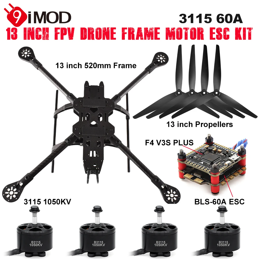 Motor sem escova de fibra de carbono Hélice para FPV Long Range Drone, 9IMOD, 13 ", 520mm Distância entre eixos, B3115 1050KV