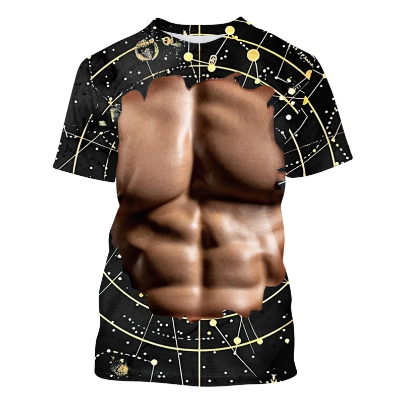 Men 3D Fake Muscle Print T-Shirt Funny Optical Illusion Short Sleeve Crew Neck Tee