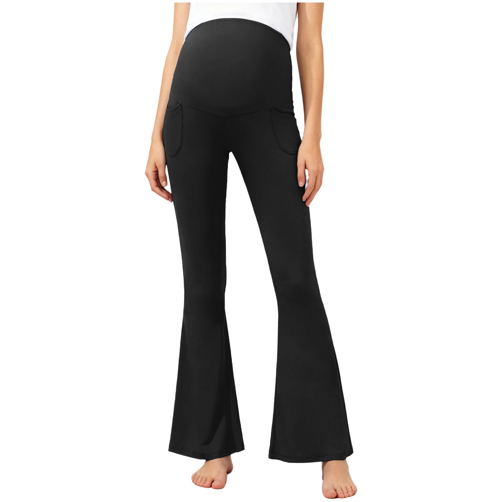 Maternity Yoga Leggings Over The Belly Stretchy Casual Bell-bottom Pants with Pockets for Daily Work Sports Workout Homewear