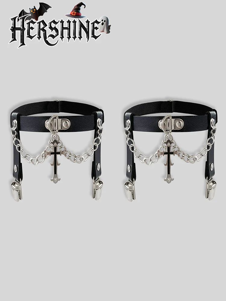 2 clipes de meias e pernas elegantes pretos femininos, decoração cruzada de strass preto, estilo punk escuro gótico Y2K, acesso de Halloween