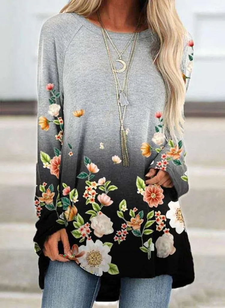 

Women's Comfortable Casual Long Sleeve Fashion Floral Pattern 3D Printed Round Neck Jumper Mid-sleeve Top Long Sleeve T-shirt