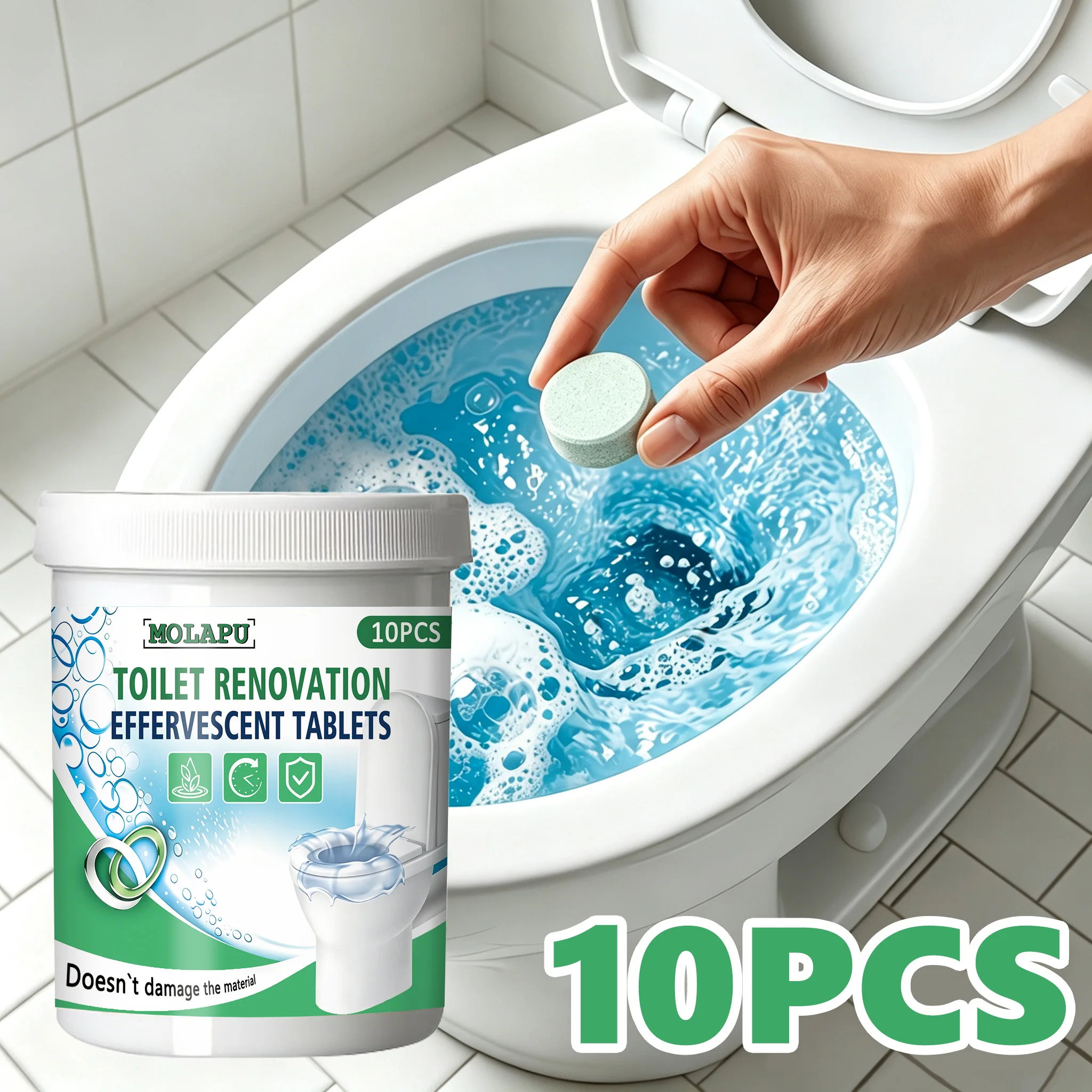 10-Pack No-Wipe Toilet Cleaning Effervescent Tablets - Dissolves Urine Stains, Water Stains, and Black Scale Upon Contact; Removes Yellowing, Brightens, and Eliminates Odors; Suitable for Toilets and Tanks