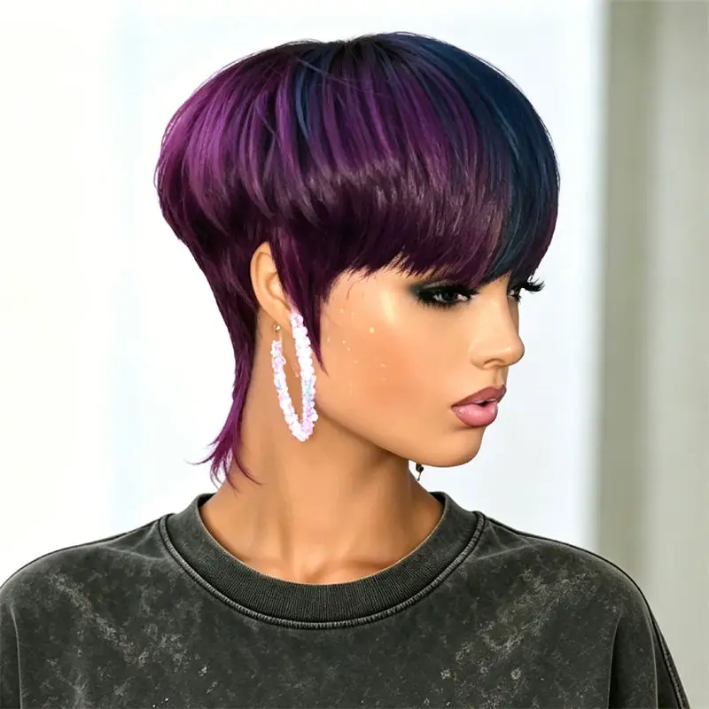 Short Mullet Wig Pixie Cut Wig, Gradient Purple