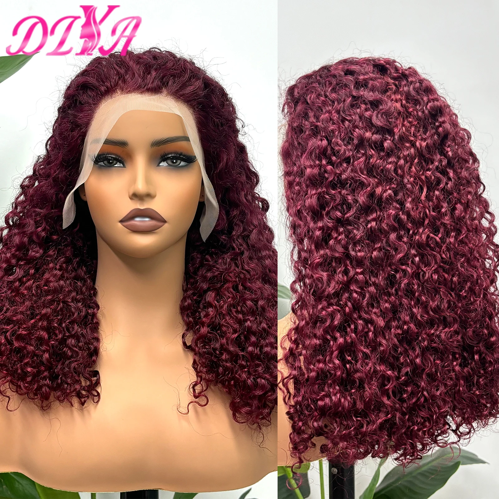 300% Density Burgundy Burmese Curly Human Hair Wig for Women 13x4 Lace Frontal 12A Double Drawn Bouncy Curly Wig PrePlucked