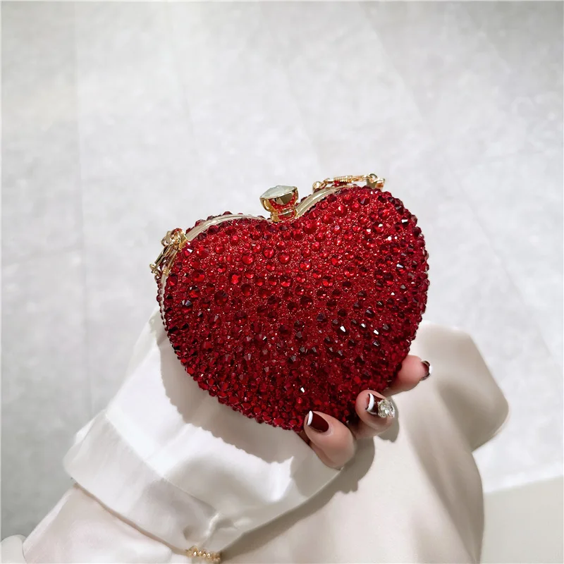 For Women Ladies Luxury Diamond Inlay Heart Shape Red Crystal Clutch Purse Stone Evening Party Shoulder Bag Rhinestone hand Bags