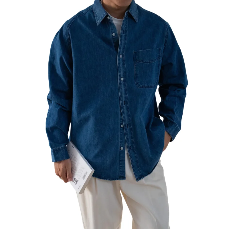 Men Washed Denim Shirt Autumn Winter Denim Workwear Japanese Style Long Sleeve Coat With Pocket