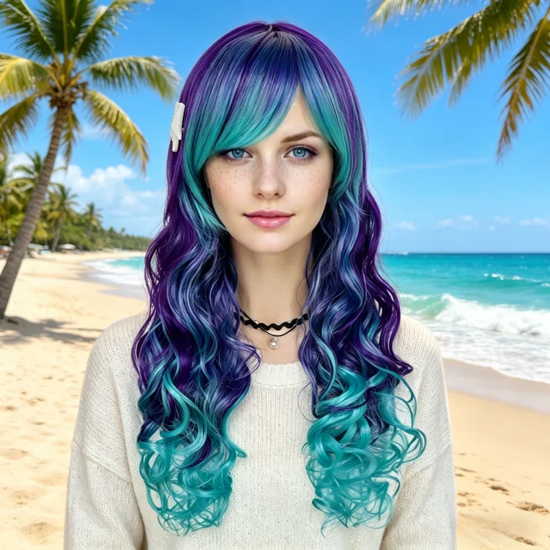 Purple Blue Ombre Long Wavy Synthetic Wig Side Bangs Starfish Clip Women Mermaid Halloween Party Cosplay Costume Hairpiece