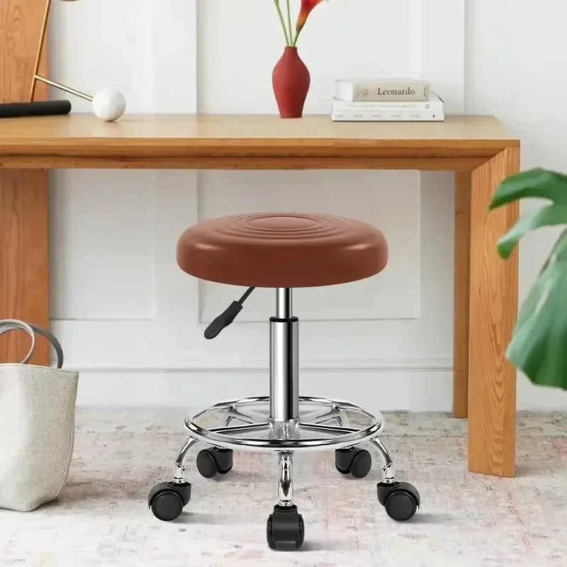 

PU Leather Stool with Wheels Modern Round Rolling Stool with Footrest 360°Swivel Height Adjustable