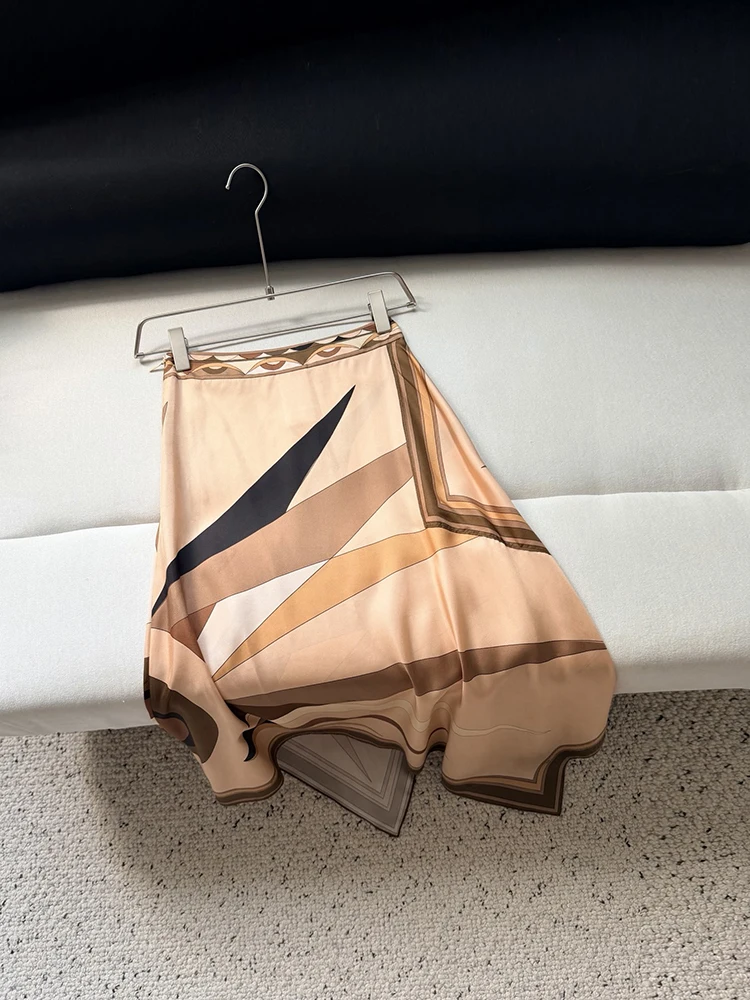 Spring Summer Fashion Outdoors Tourism Vintage Print Silk Midi Skirt Women's Middle Waist Slim A-Line Asymmetrical Long Skirt