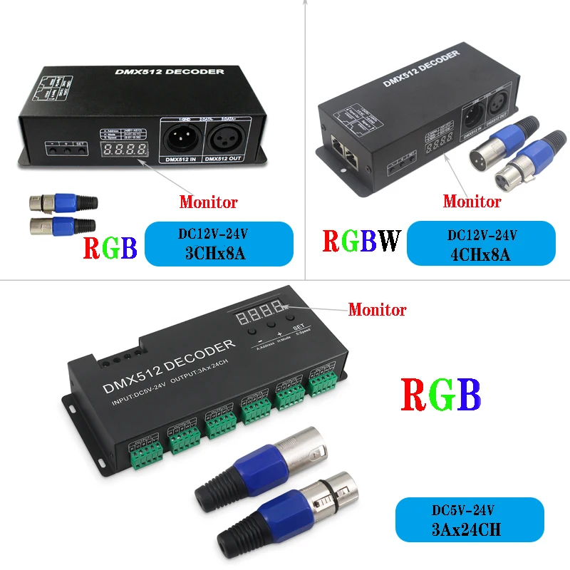 DMX 512 Decoder with Digital Display RGBW/RGB LED Decoder Controller for Tape Strip Light