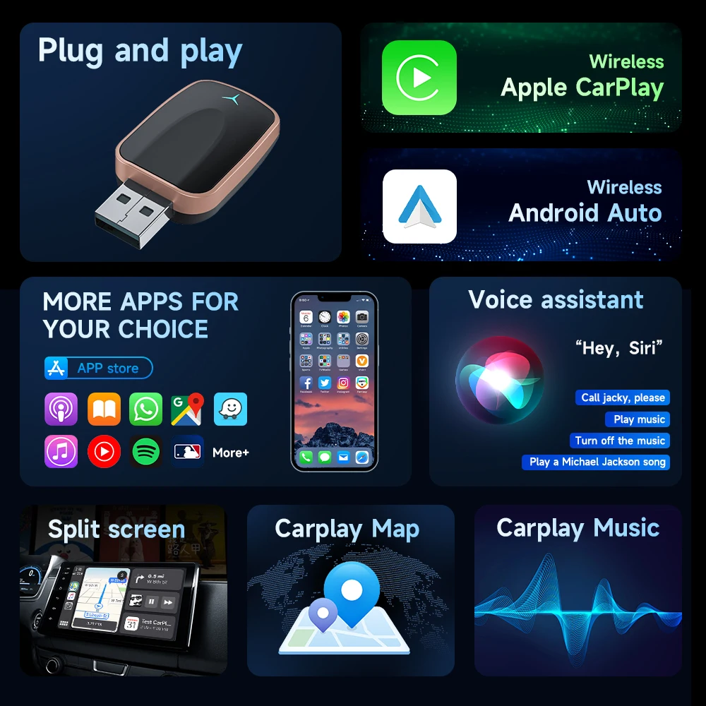 جديد لاسلكي CarPlay Android محول السيارات السلكية إلى اللاسلكية 2 في 1 سيارة صغيرة Ai صندوق التوصيل والتشغيل ينطبق على تحويل الأصلي
