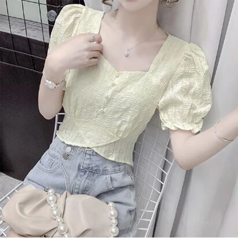 Summer New Elegant Fashion Square Collar Beading Irregular Chiffon Shirt Top Women Waist Ruffles Puff Short Sleeve Casual Blouse