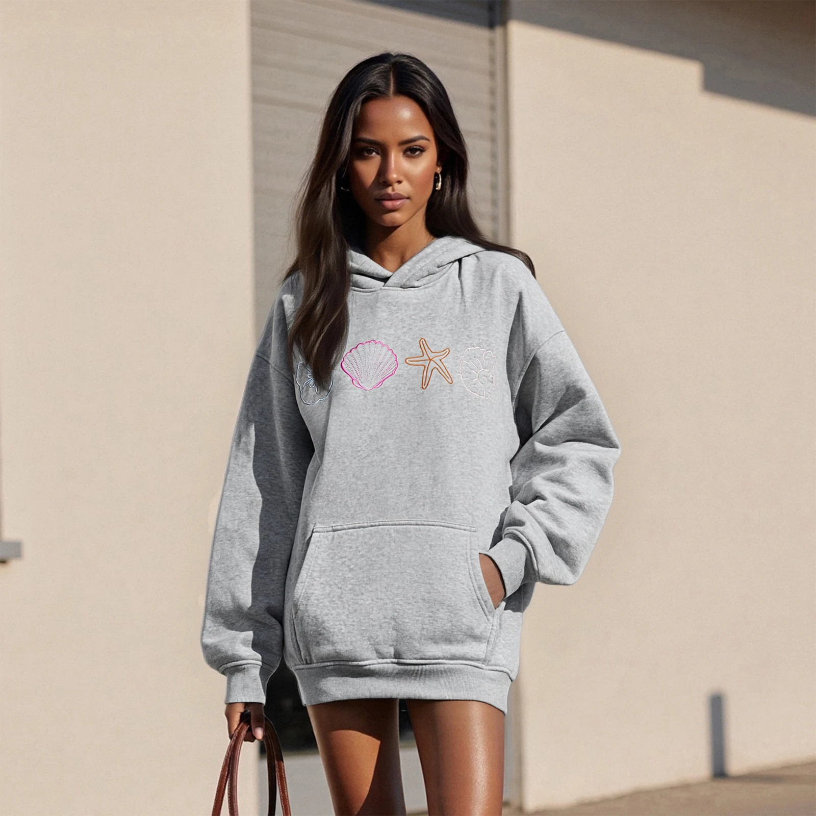 여성용 스타일리시 조개 불가사리 자수 가을 겨울 후드티 캐주얼 루즈핏 긴팔 후드 스웨트셔츠