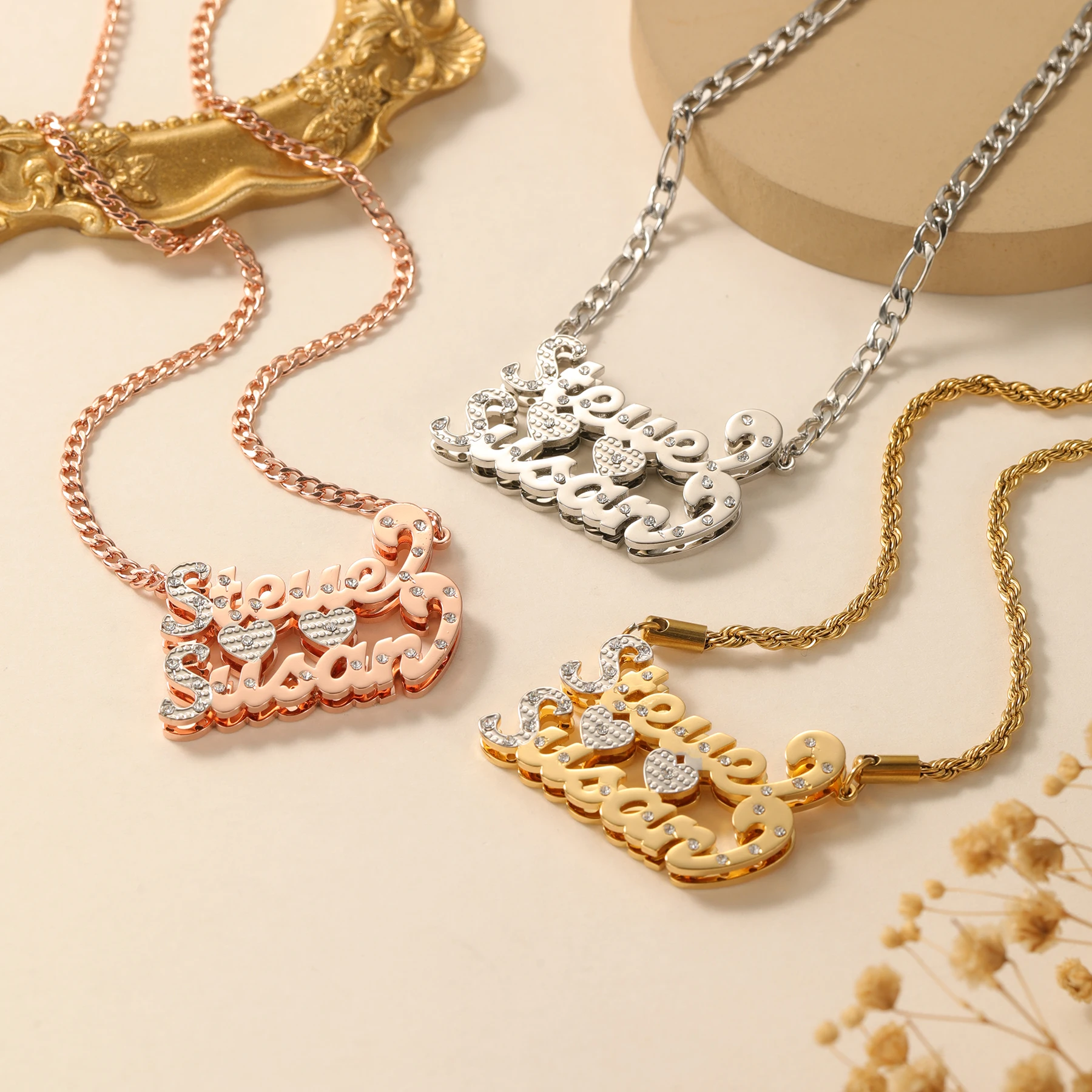 Double Name Double Layer Necklace Etched Rhinestone Pendant 18K Gold Plated Stainless Steel Rope Chain Personalized Gift for Her