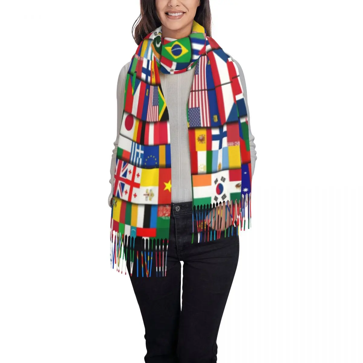 Ladies Large 60 Flags Of The Countries Of The World Scarves Women Winter Fall Soft Warm Tassel Shawl Wrap International Scarf