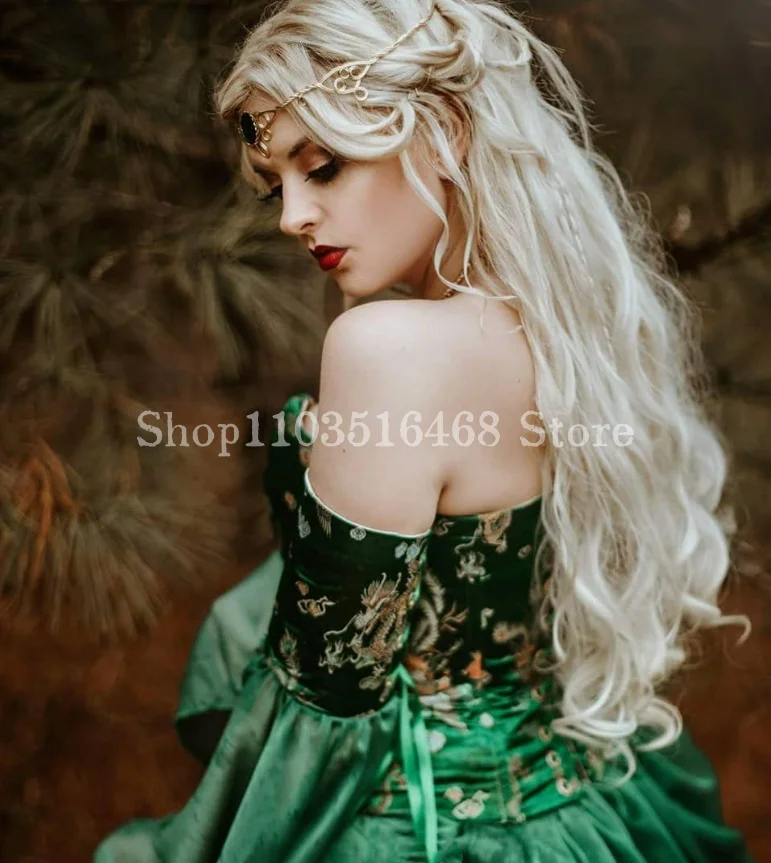 Vintage Victorian Laced Prom Dresses Emerald Green Medieval Elf Flared Sleeve Strapless Long For Women Special Occasion