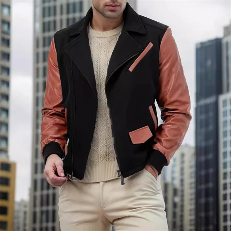 Men s Zip Up Patchwork Jacket Woolen Leather Long Sleeve Contrast Color Lapel Neck Casual Coat