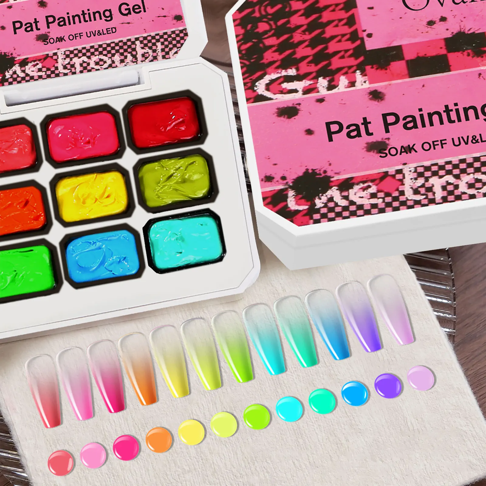 Ovanlee 9-Grid Gradient Gel Palette – Vibrant Pat Painting Gel for Sponge Ombre Effect, Creamy Texture Without Running, Perfect for DIY Neon Nails (Sponge Not Included)