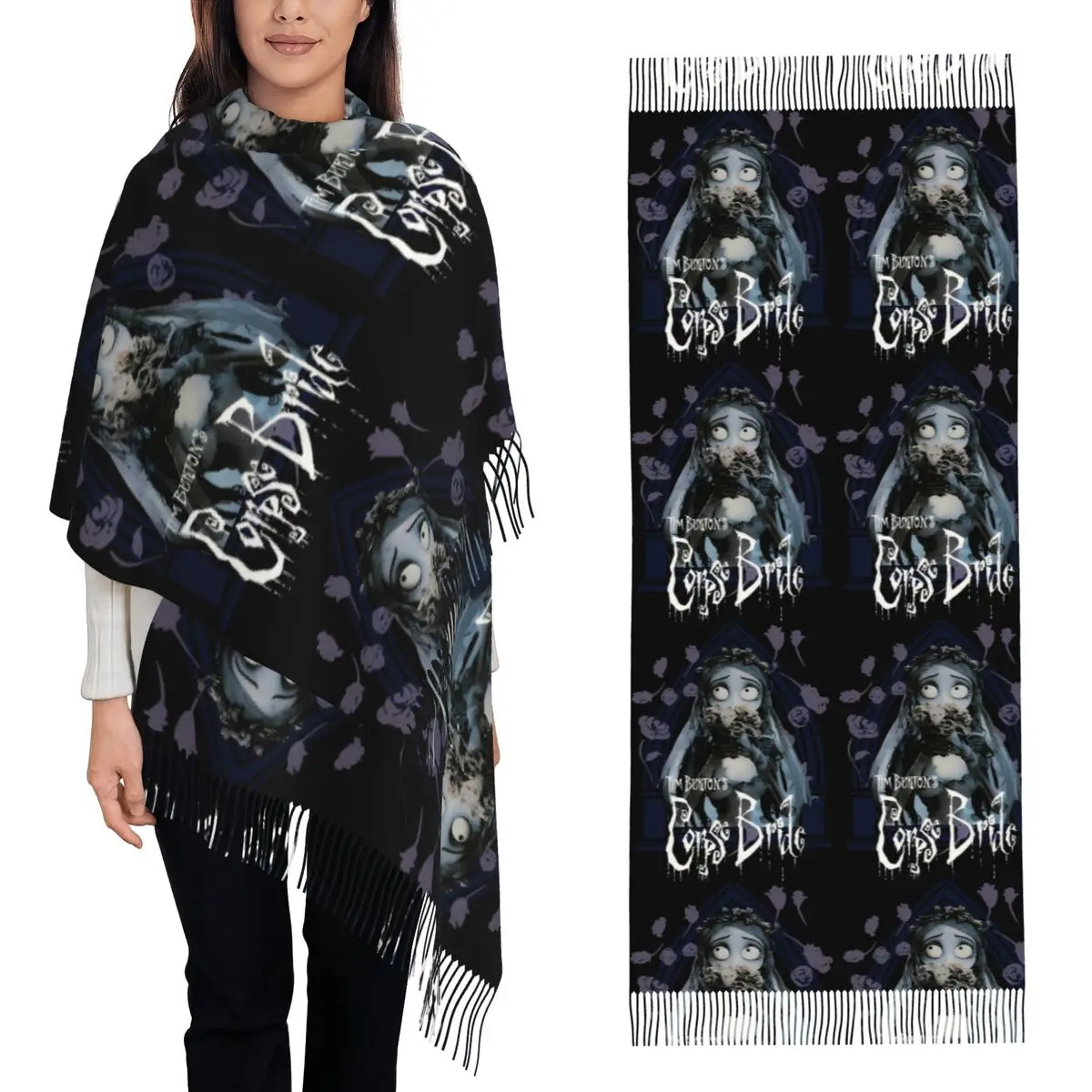 ハロウィン コープスブライド スケルトン エミリー ガール ティム・バートン スカーフ タッセル スカーフ 女性用ショールとラップ ロング 秋 冬 ショール ラップ