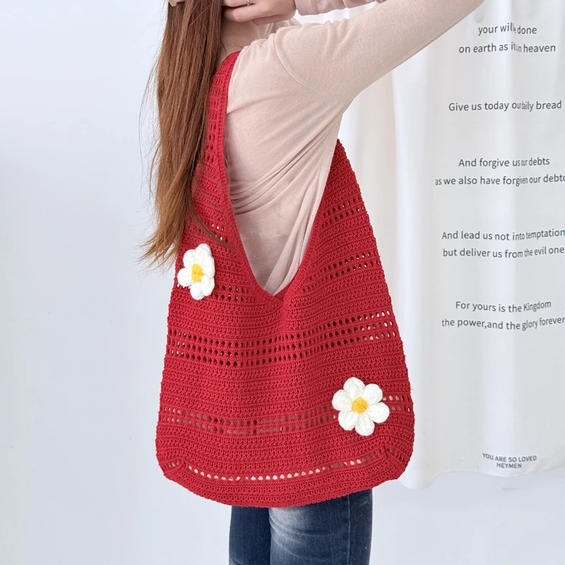 3D-Blumen-Hohlstrick-Umhängetasche, Koreanische Damen-Handtasche in Süßer, Niedlicher Einfarbiger Ausführung, für Pendeln und Freizeitreisen – Detail 14