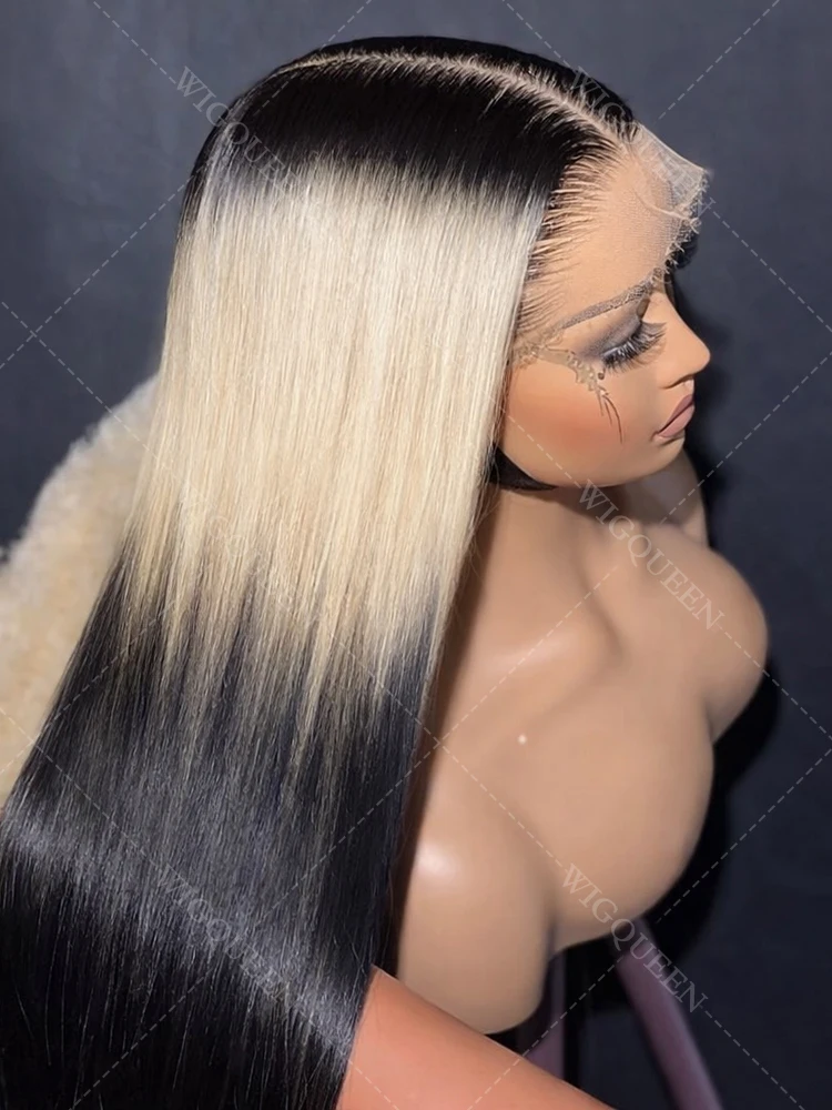 

No Silk Highlight Ombre Balayage 4X4 Lace Front Wig Human Hair Black Mix Blonde Long Silky Straight Lace Frontal Wig Pre Plucked
